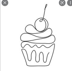 a single line drawing of a cupcake with icing and a cherry on top