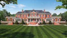 an artist's rendering of a large red brick house in the middle of a green lawn