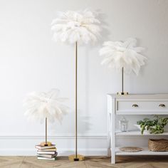 two tall white feathers are on the floor next to a book shelf and a vase