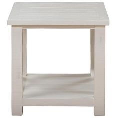 a white wooden table with one shelf on top