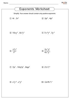 the exponent worksheet is shown with two numbers and one word on it