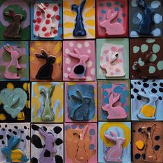 many different shapes and sizes of clay blocks with polka dot designs on them, all in various colors