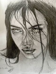 a pencil drawing of a woman's face with long dark hair and eyes,