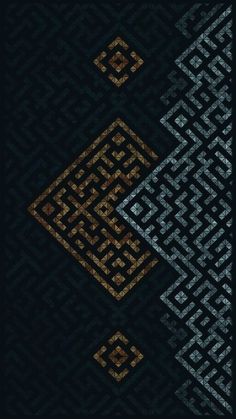 an abstract design with gold and black colors on a dark background that looks like it has been made out of squares