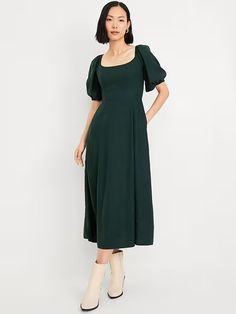 Fit and Flare Crepe Midi Dress | Old Navy Casual Midi Dress With Gathered Sleeves And Square Neck, Square Neck Dress With Elastic Sleeves And Fitted Bodice, Casual Midi Dress With Elastic Sleeves And Square Neck, Elegant Puff Sleeve Dress With Smocked Bodice For Fall, Solid Midi Dress With Smocked Bodice And Square Neck, Square Neck Puff Sleeve Dress With Elastic Sleeves, Puff Sleeve Dress With Elastic Sleeves And Square Neck, Fall Puff Sleeve Dress With Square Neck, Square Neck Midi Dress With Pleated Sleeves