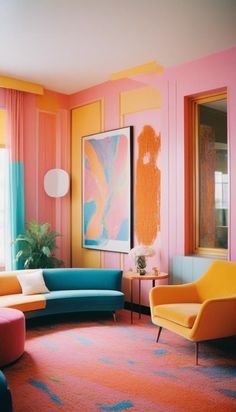 a living room filled with colorful furniture and walls painted pink, blue, yellow and orange