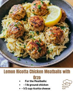 Lemon Chicken Ricotta Meatballs with Garlic Orzo Lemon Chicken Ricotta Meatballs Orzo, Healthy Dinner With Ricotta, Lemon Butter Chicken Meatballs With Creamy Spinach Orzo, Lemon Chicken Ricotta Meatballs With Garlic Orzo, Chicken Lemon Ricotta Meatballs, Lemon Ricotta Meatballs With Orzo, Lemon Orzo Meatball, Lemon Garlic Chicken Meatballs, Thai Basil Chicken Meatballs