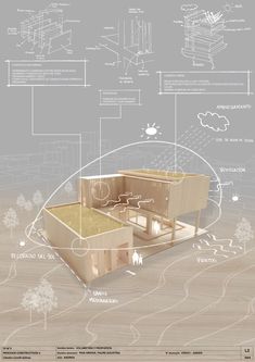 an architectural drawing shows the inside of a house and its surroundings, including floor plans