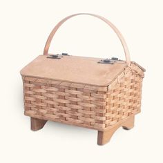 a basket sitting on top of a wooden stand