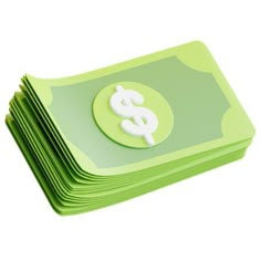 a stack of green dollar bills with a white dollar sign on the front and bottom