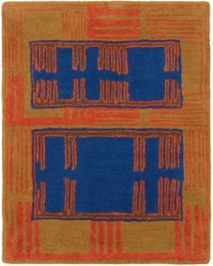 an orange and blue rug with two squares on the bottom, one square in the middle