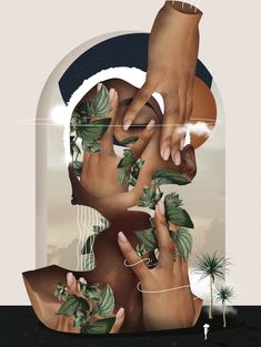 two hands touching each other with palm leaves on them