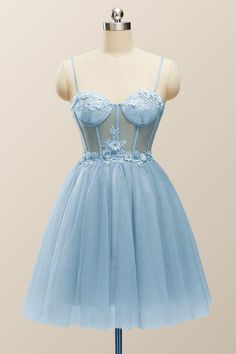 Straps Blue Corset Tulle A-line Short Dress Pro Dresses, Short Princess Dress, Sheer Corset, Dama Dresses, Blue Corset, Prom Dresses With Pockets, Homecoming Dresses Tight, Corset Dress Prom, Prom Dresses Gowns