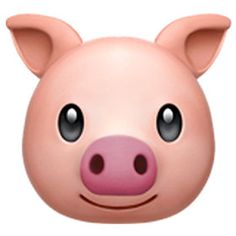 a pink pig's head with big eyes and a smile on its face, against a blue background