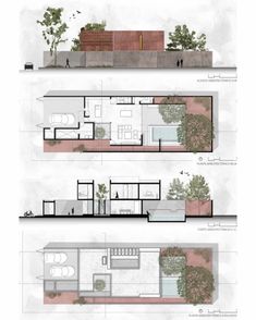 two diagrams showing the different sections of a house with trees and plants on each side