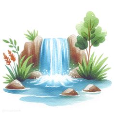 a water fall with rocks and plants around it