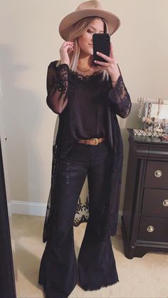 Bell Bottoms With Tshirts, Black Sweater Bell Bottoms, Bell Bottom Jeans Vaquera, Cheap Washed Black Bottoms For Fall, Fall Western Bell Bottom Jeans, Cheap Edgy Bottoms For Date Night, Plus Size Western Wear Casual, Bell Bottom Jeans With Shacket, Western Black Jeans For Women