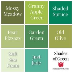 six different shades of green and brown with the words mossy, apple, pine, pear