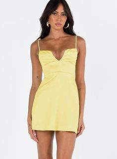 Mini dress Main: 100% polyester Silky material Pleated bust detailing with V neckline Boning through bodice Adjustable straps Invisible zip fastening at back Non-stretch Lined through bust Backless Bra, Yellow Mini Dress, Vegas Dresses, Clubbing Outfits, Eve Dresses, New Years Eve Dresses, Disco Outfit, Going Out Dresses, Birthday Dresses