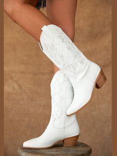 Cowgirl Western Boots Flame Embroidery Chunky High Heels Mid Calf Shoes Fashion Casual Slip On Winter Boots Women White Elegant,Fashionable    Plain,Tribal Western Boots  Winter Women Shoes, size features are:Bust: ,Length: ,Sleeve Length: Country Music Outfits, Summer Country Concert Outfit, Country Concert Outfits, Concert Outfit Summer, White Cowboy Boots, Wilde Westen, Mid Calf Dresses, Country Concert Outfit, Country Concerts