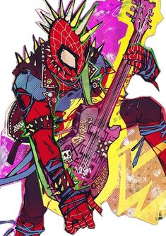 a drawing of a guitar player with spikes on his head and hands, holding an electric guitar