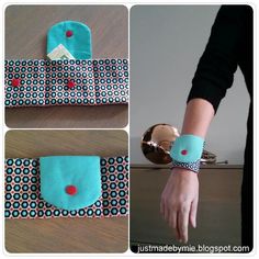 a collage of photos showing how to sew an envelope with fabric and buttons