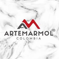 the logo for artemarmol colombia is shown in red and grey marbled paper