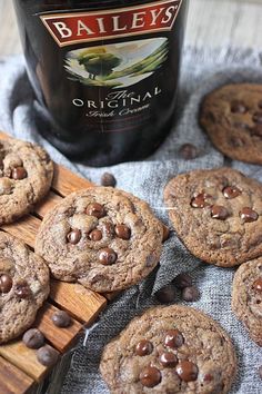 chocolate chip cookies and a bottle of bailey's