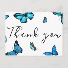 a thank card with blue butterflies and the words thank you written in black ink on a white background