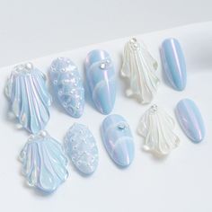 PRICES MAY VARY. 🌟【Handmade Almond Nails Series】The advantages of almond shaped nails are that they are elegant and feminine, and can make fingers appear longer and slimmer. They are also versatile and suitable for different occasions and styles. 👍【Why Choose Handmade Press On Nials】 ① Handmade press-on nials are more exquisite. ② Sizes can be customized to fit both children and adults. ③ They are more durable when using high-quality raw materials. ④ Achieve the same effect as offline nail art 3d Design Art, Nail Medium, Seashell Nails, Sea Nails, Long Almond, Light Blue Nails, Korean Nails, Mermaid Nails, Pretty Gel Nails