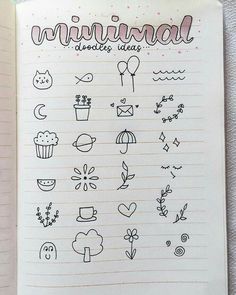 an open notebook with doodles on it and the words,'minininal lovely things'written in cursive writing