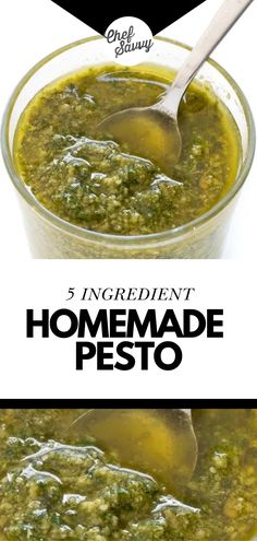 homemade pesto recipe in a glass bowl with spoon