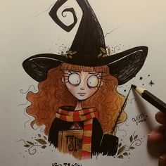 a drawing of a girl wearing a witches hat