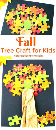 the fall tree craft for kids is made with construction paper and colored puzzle pieces to make it