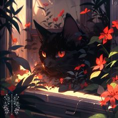 a black cat sitting on top of a window sill surrounded by flowers and plants