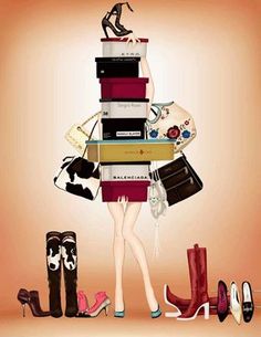 a woman standing in front of a stack of purses and high heeled shoes