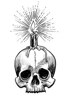 a black and white drawing of a skull with a candle in it's head