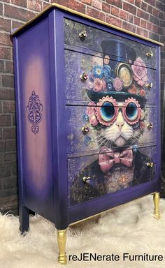 a purple dresser with an image of a cat wearing glasses and a top hat on it