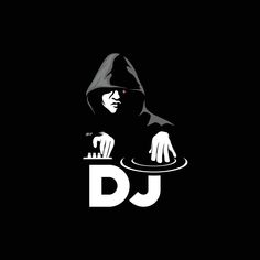 the dj logo is black and white with a hooded man holding a disc in his hand