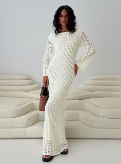 Maxi dress Knit material, boat neckline, flared cuffs, drop shoulders, relaxed fitting Non-stretch material, fully lined 100% acrylic Cold hand wash White Knit Maxi Dress, Knit Dress Outfit, Fleece Dress, Dress Knit, Knit Maxi Dress, Outerwear Outfit, Dress Cream, Loungewear Sets, Casual Tank Tops