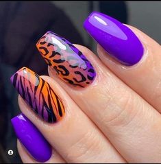 Purple Cheetah Nails, Orange And Purple Nails, Animal Print Nails Art, Funky Nail Art, Ombré Nails, Art Deco Nails, Nails Purple