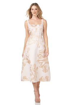 FLORAL JACQUARD T-LENGTH DRESS – Kay Unger Kay Unger Dresses, Champagne Dress, Kay Unger, Flowers Bloom, Midi Cocktail Dress, Tea Length Dresses, A Line Gown, Dress 16, Fashion Over 50