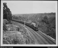 an old black and white photo of a train going down the tracks with trees in the background