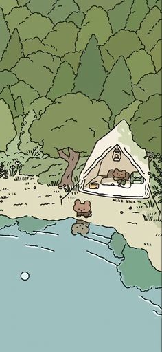 a drawing of a tent in the middle of a forest next to a body of water