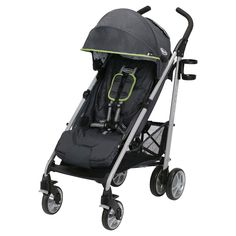 the stroller is black and pink with wheels