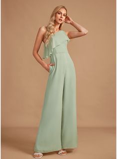 JJ's House Ruffle Chiffon One Shoulder Spring Summer Jumpsuit/Pantsuit General Plus Back Zip Vintage Celadon Height:5.8ft（176cm） Bust:32in（82cm）Waist:24in（61cm）Hips:35in（89cm） Floor-Length Green Model Name:Katy  Height:5.7ft（173cm）  Bust:40in（101cm）  Waist:32in（83cm. #JJ's House #Ruffle #Chiffon #OneShoulder #Spring #Summer #JumpsuitPantsuit #General #Plus #BackZip #Vintage #Celadon #FloorLength #Green Purple Jumpsuit Wedding Bridesmaid, Elegant Jumpsuit Wedding Guest Revolve, Jumpsuit Prom Dress Lulus, Bride And Bridesmaids Pants, Queer Bridesmaid Dresses, Simple Bridesmaid Rompers, Bridesmaid Dress Into Jumpsuit, Bridesmaid Jumpsuit Wedding Lulus, Bride Jumpsuit Bridemaid Dress