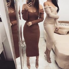 Knitted Bodycon Dress, Ribbed Knit Dress, Brown Dress, Dress Outfit, Shoulder Sweater, Knit Dress, Stylish Outfits