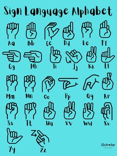 the sign language alphabet is shown in black on a blue background, with hand gestures