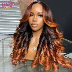 Ombre Ginger Brown With Black Roots Loose Body Wave Lace Front Wigs Human Hair For Women 13x4 13x6 Ombre Brown Hair Black Women, Ombre Hair Black Women, Loose Body Wave, Body Wave Lace Front Wigs, Ginger Brown, Black Roots, Hair For Women, Lace Front Wigs Human Hair, Pretty Hair Color