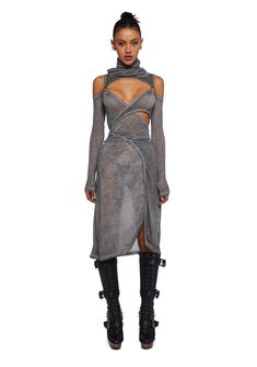 base|gray Grey Midi Dress, Wrap Midi Dress, Fashion Shop, Goth Fashion, Shoes And Accessories, Dolls Kill, Exclusive Collection, Waist Tie, Hooded Jacket